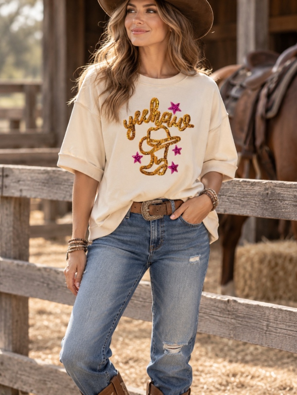 Rodeo cowgirl boxy sweatshirt L sequin 100% Cotton western country oversize
